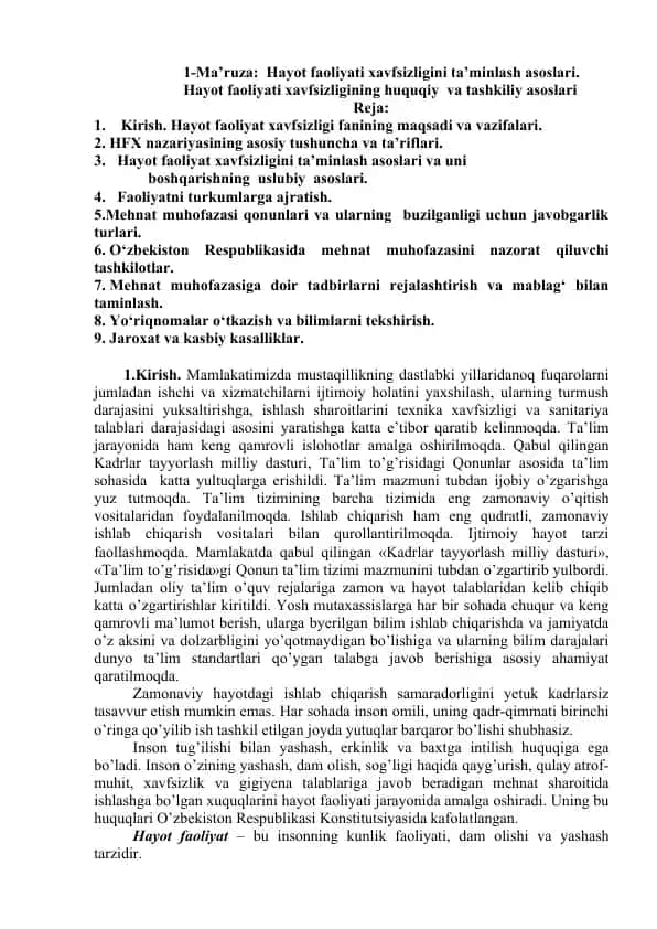 Hayot faoliyati xavfsizligini ta’minlash asoslari