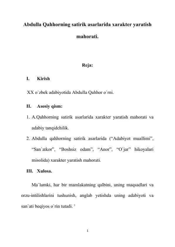 Abdulla Qahhorning satirik asarlarida xarakter yaratish mahorati