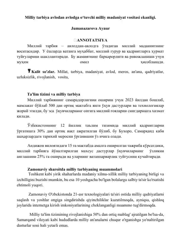 Ta'lim tizimi va milliy tarbiya