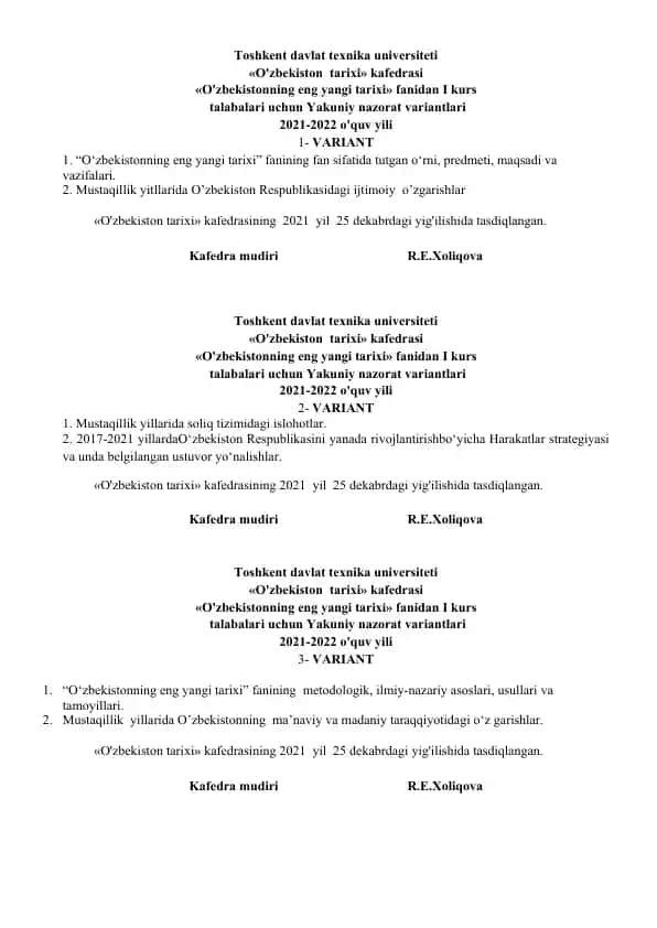 O'zbekistonning eng yangi tarixi fanidan I kurs talabalari uchun Yakuniy nazorat variantlari