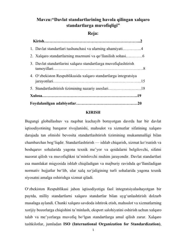 Davlat standartlarining havola qilingan xalqaro standartlarga muvofiqligi