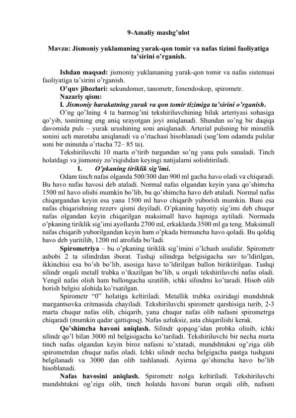 Jismoniy yuklamaning yurak-qon tomir va nafas tizimi faoliyatiga ta’sirini o’rganish
