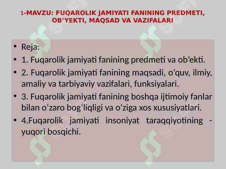 FUQAROLIK JAMIYATI FANINING PREDMETI, OB’YEKTI, MAQSAD VA VAZIFALARI