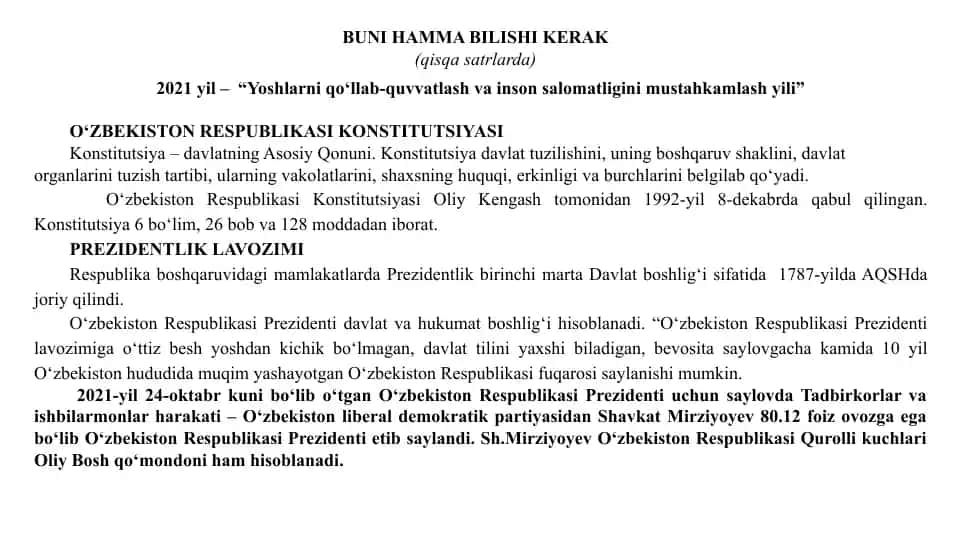 O‘zbekiston Respublikasi Konstitutsiyasi va Prezidentlik lavozimi