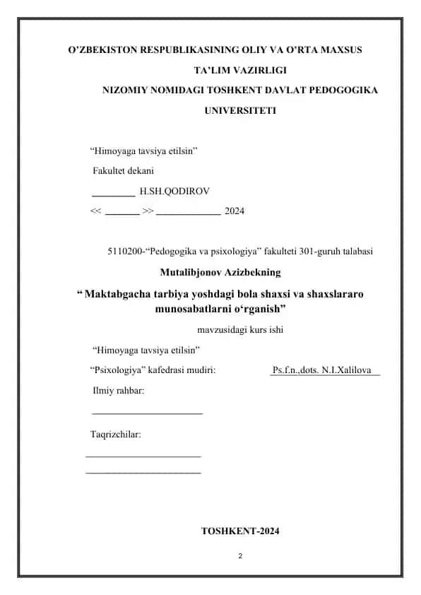 "Maktabgacha tarbiya yoshdagi bola shaxsi va shaxslararo munosabatlarni o‘rganish"