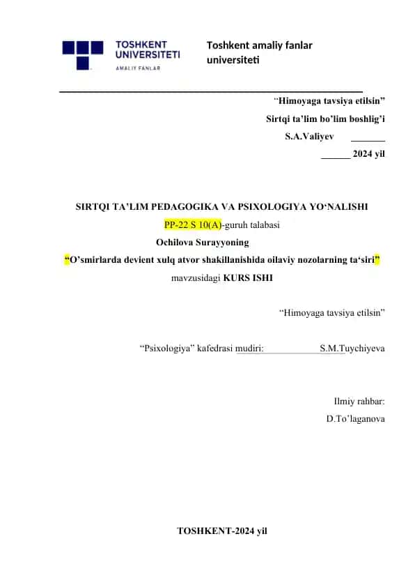 O'smirlarda devient xulq atvor shakillanishida oilaviy nozolarning ta‘siri