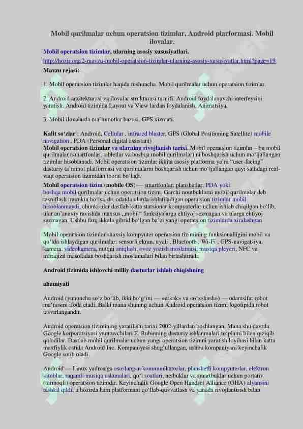 Mobil qurilmalar uchun operatsion tizimlar. Android platformalar. Mobil ilovalar