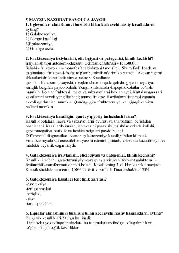 Fruktozemiya kasalligi