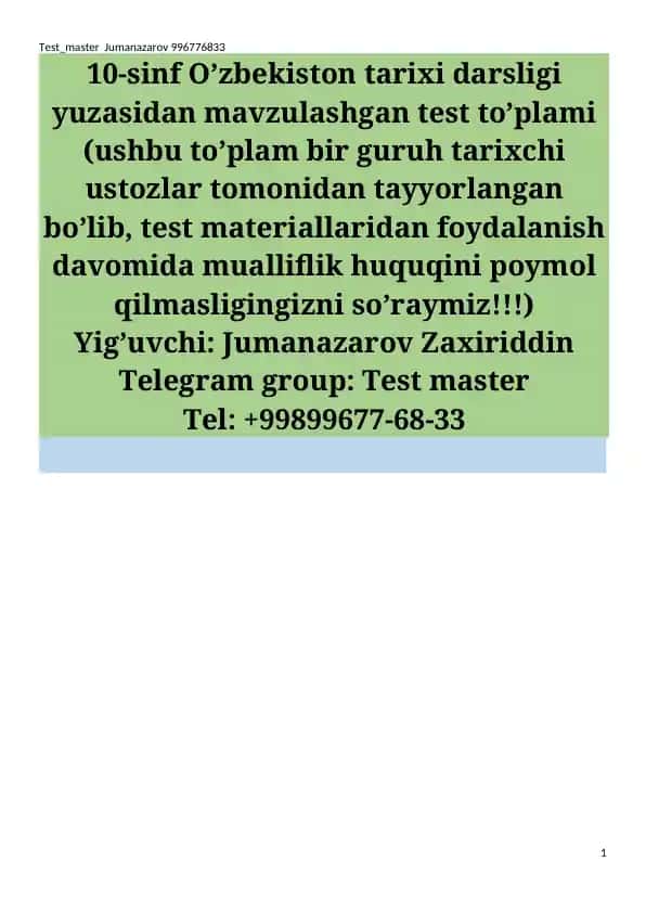 10-sinf O’zbekiston tarixi darsligi yuzasidan mavzulashgan test to’plami