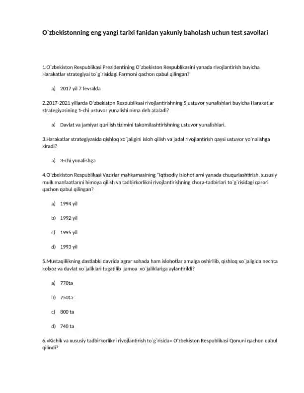 O`zbekistonning eng yangi tarixi fanidan yakuniy baholash uchun test savollari