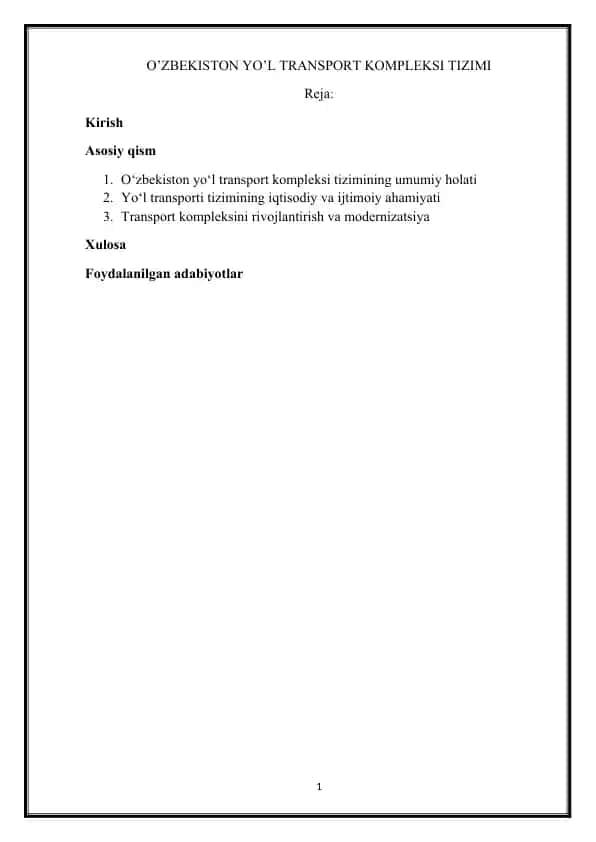 O’ZBEKISTON YO’L TRANSPORT KOMPLEKSI TIZIMI