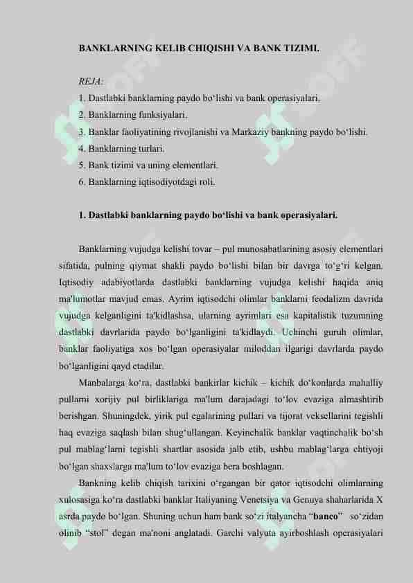 BANKLARNING KELIB CHIQISHI VA BANK TIZIMI