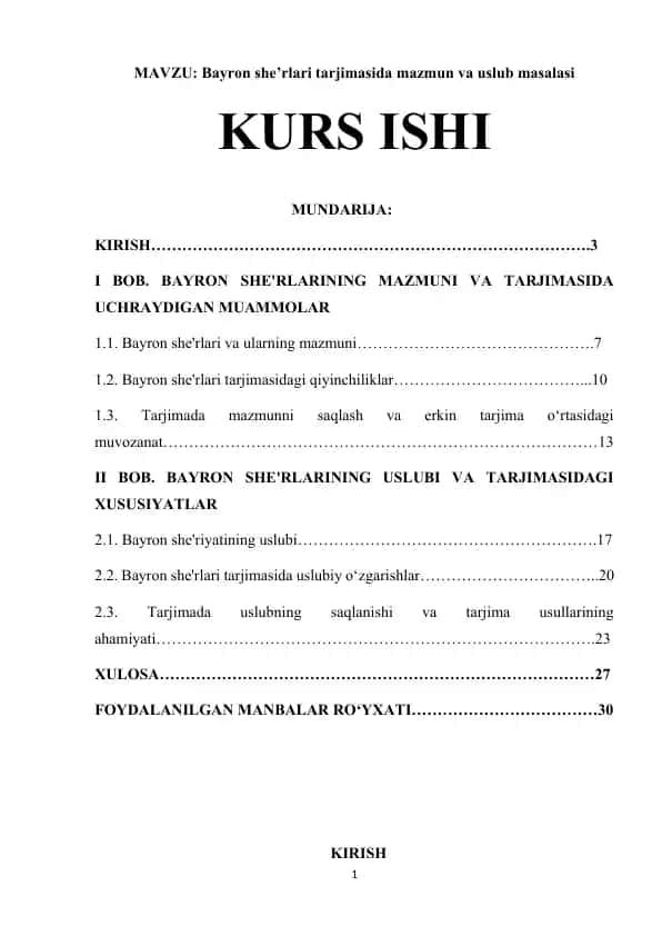 Bayron she’rlari tarjimasida mazmun va uslub masalasi
