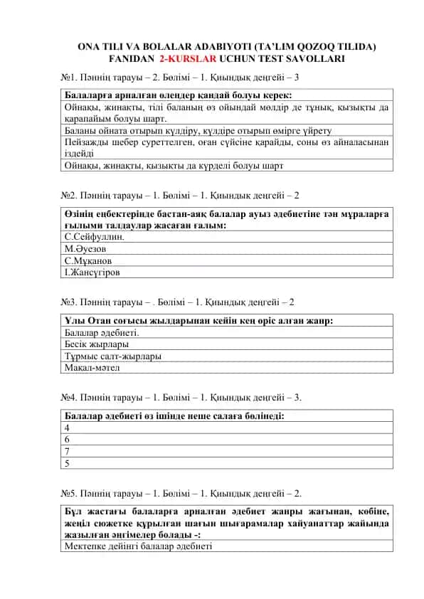 ONA TILI VA BOLALAR ADABIYOTI (TA’LIM QOZOQ TILIDA) FANIDAN 2-KURSLAR UCHUN TEST SAVOLLARI