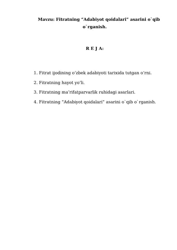 Fitratning “Adabiyot qoidalari” asarini o`qib o`rganish