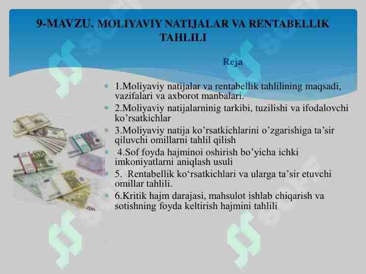Molyaviy natijalar va rentabellik tahlili