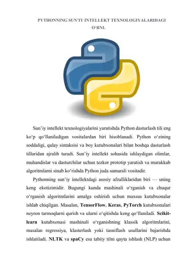 Pythonning Sun’iy Intellekt Texnologiyalaridagi O‘rni