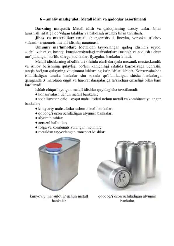 Metall idish va qadoqlar assortimenti