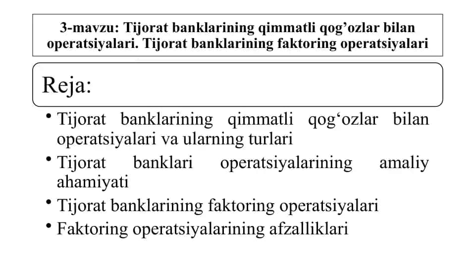 Tijorat banklarining qimmatli qog‘ozlar bilan operatsiyalari