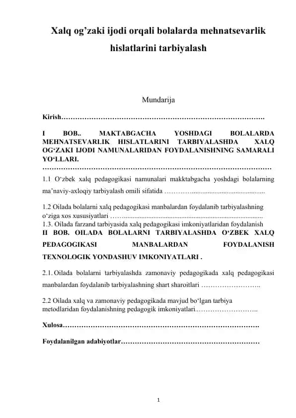 Xalq og’zaki ijodi orqali bolalarda mehnatsevarlik hislatlarini tarbiyalash