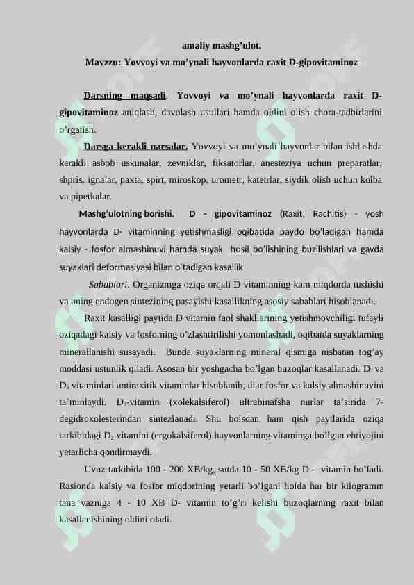 Yovvoyi va mo’ynali hayvonlarda raxit D-gipovitaminoz