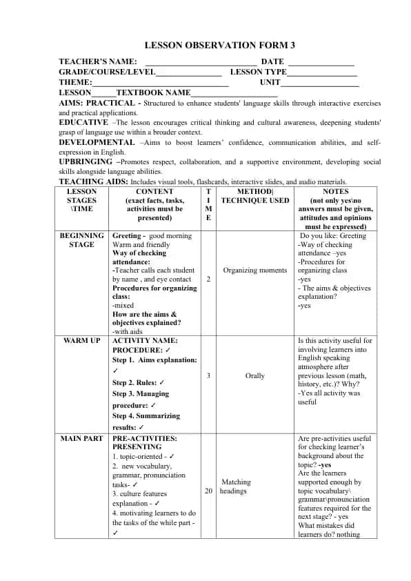 Lesson Observation Form 3