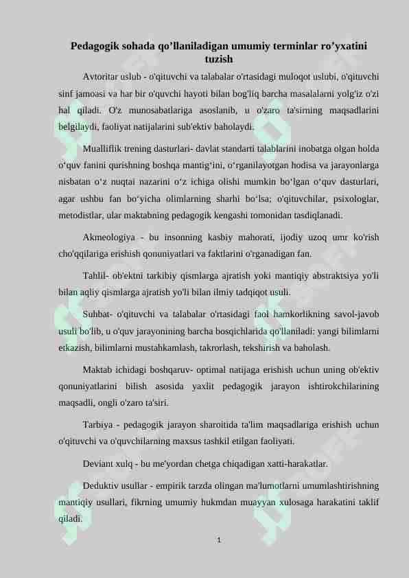 Pedagogik sohada qo’llaniladigan umumiy terminlar ro’yxatini tuzish