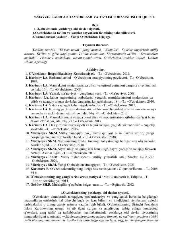 Kadrlar Tayyorlash va Ta‟lim Sohasini Ishloh Qilish