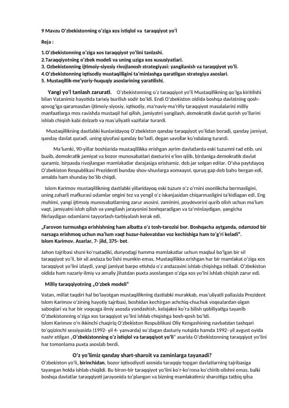 O‘zbekistonning o‘ziga xos istiqlol va taraqqiyot yo‘l