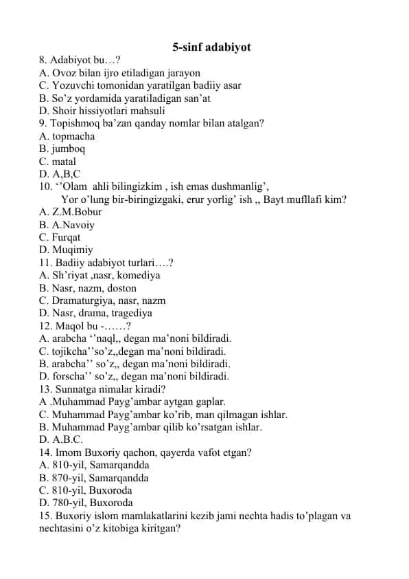5-sinf Adabiyot