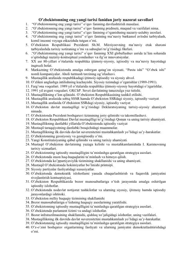 O’zbekistonning eng yangi tarixi fanidan joriy nazorat savollari