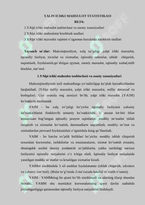 YALPI ICHKI MAHSULOT STATISTIKASI