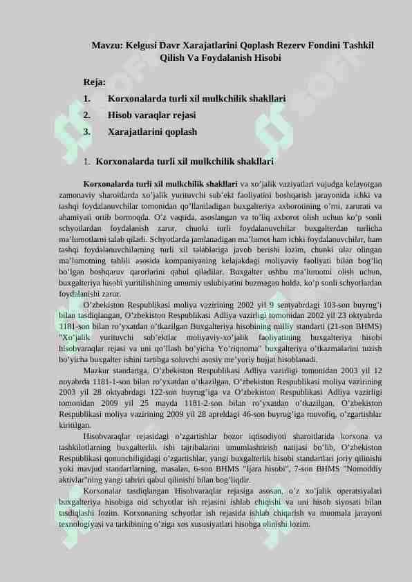 Kelgusi Davr Xarajatlarini Qoplash Rezerv Fondini Tashkil Qilish Va Foydalanish Hisobi