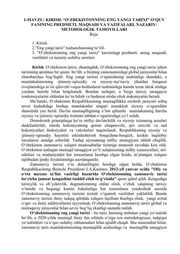 "O‘zbekistonning eng yangi tarixi" kursi