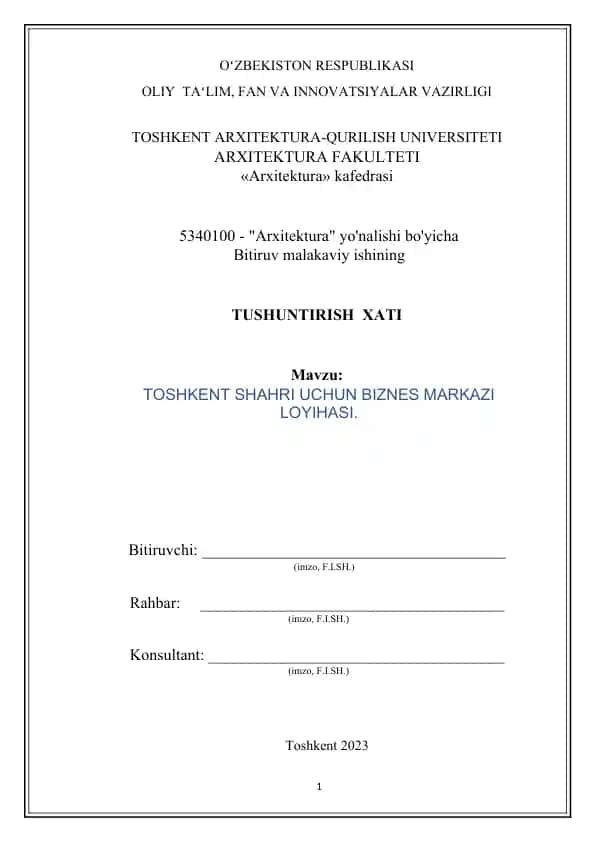 Toshkent shahri uchun biznes markazi loyihasi