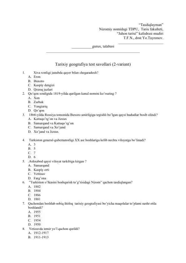 Tarixiy geografiya test savollari (2-variant)