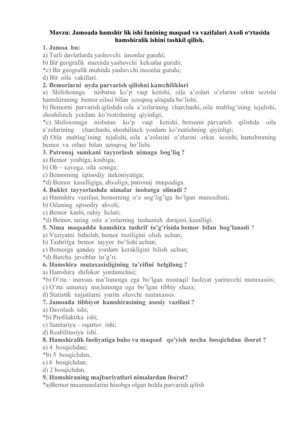 Jamoada hamshirlik ishi fanining maqsad va vazifalari Axoli o‘rtasida hamshiralik ishini tashkil qilish.