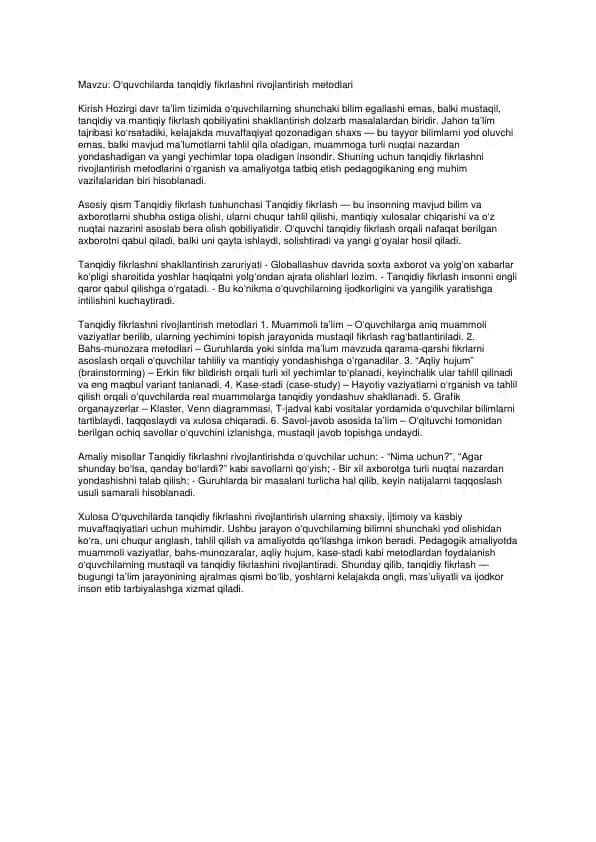 Tanqidiy fikrlashni rivojlantirish metodlari