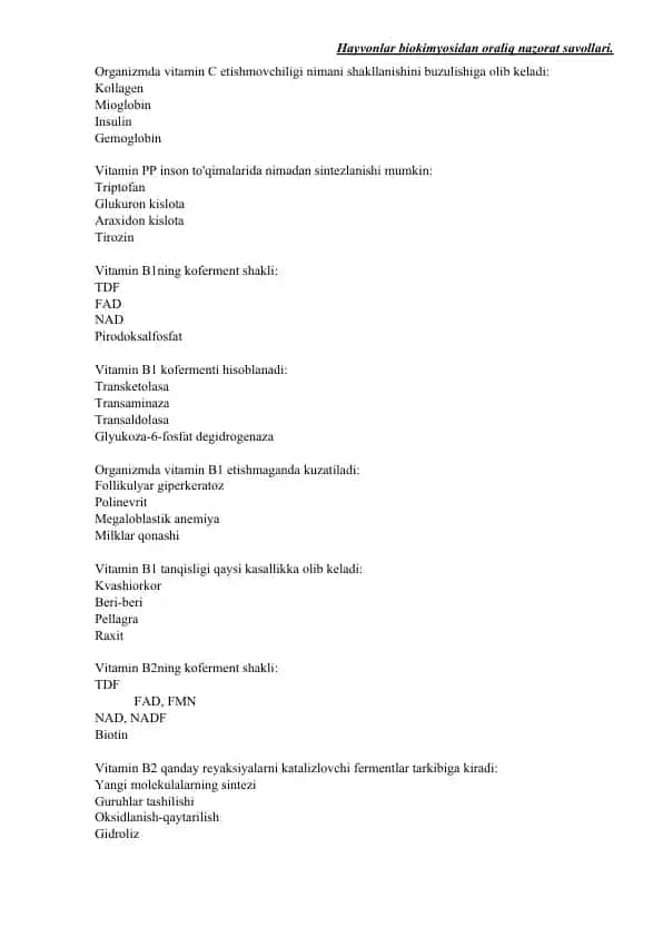 Hayvonlar biokimyosidan oraliq nazorat savollari