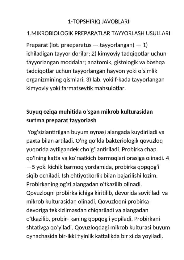 Mikrobiologik preparatlar tayyorlash usullari