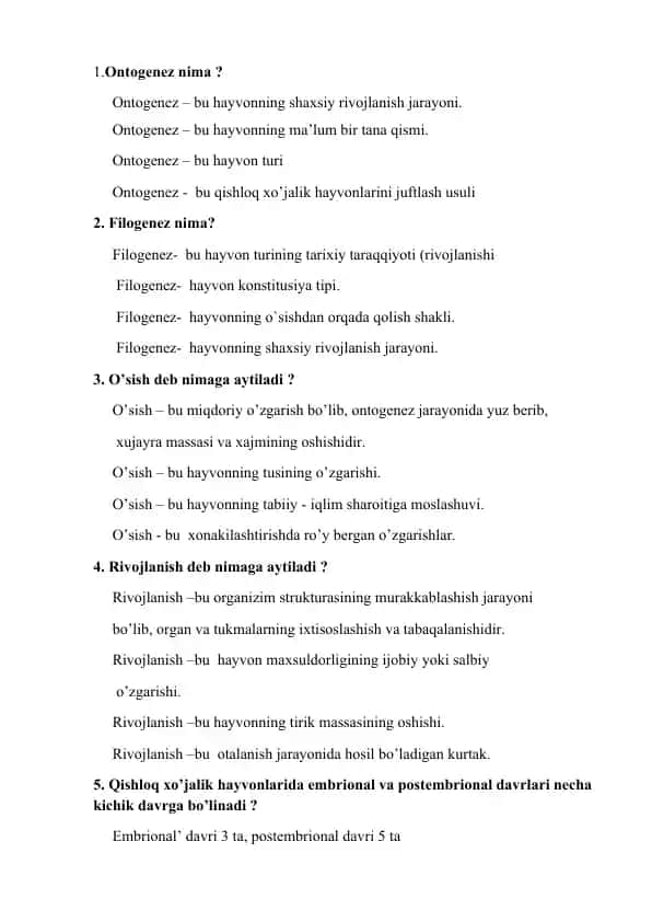 Ontogenez, Filogenez, O‘sish va Rivojlanish haqida ma'lumotlar