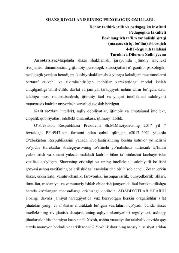 Shaxs rivojlanishining psixologik omillari
