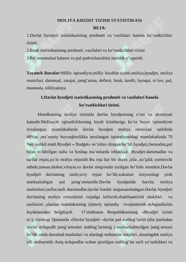 MOLIYA KREDIT TIZIMI STATISTIKASI
