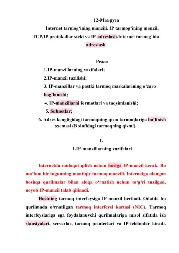 IP-manzillar va ulanish
