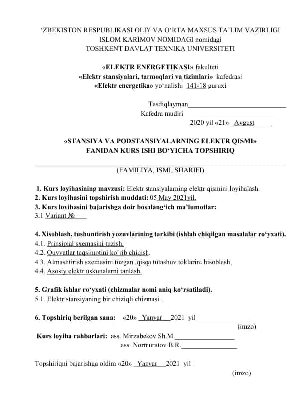 Stansiya va podstansiyalarning elektr qismi bo‘yicha kurs ishi