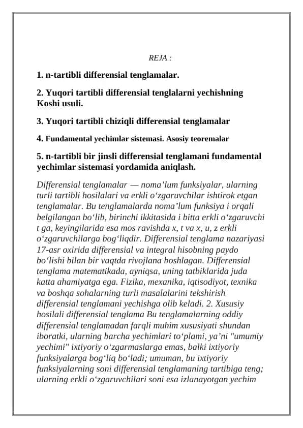 Differensial tenglamalar va ularning yechimlari