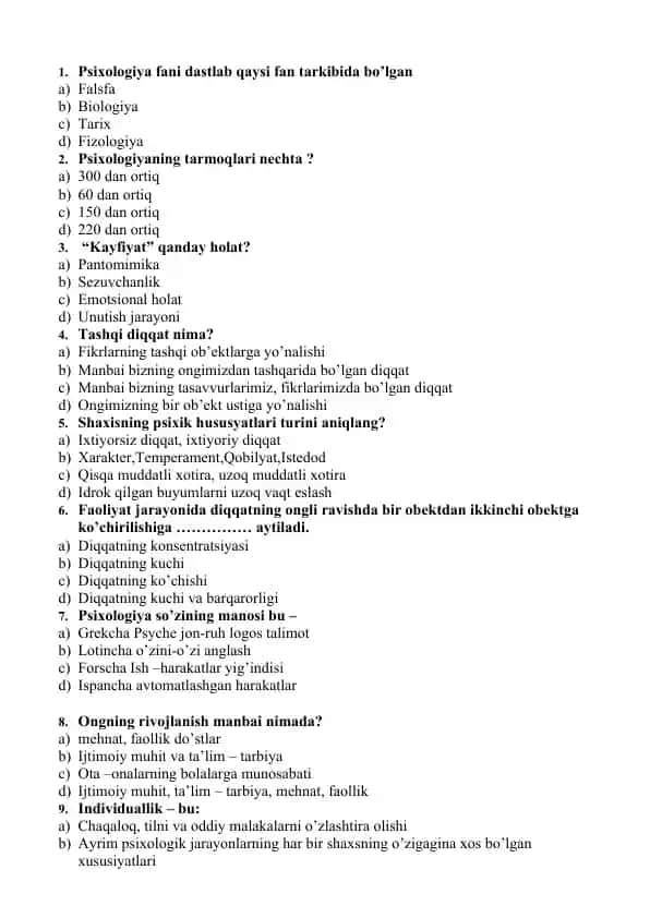 Psixologiya fanining asosiy konseptlari