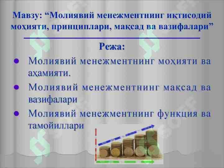 Moliyaviy menejmentning iqtisodiy mohiyati, prinsplari, maqsad va vazifalari.