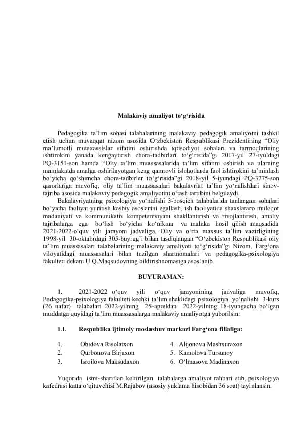 Malakaviy amaliyot to‘g‘risida