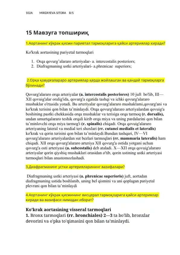 Ko'krak Aortasining Pariyetal Tarmoqlari